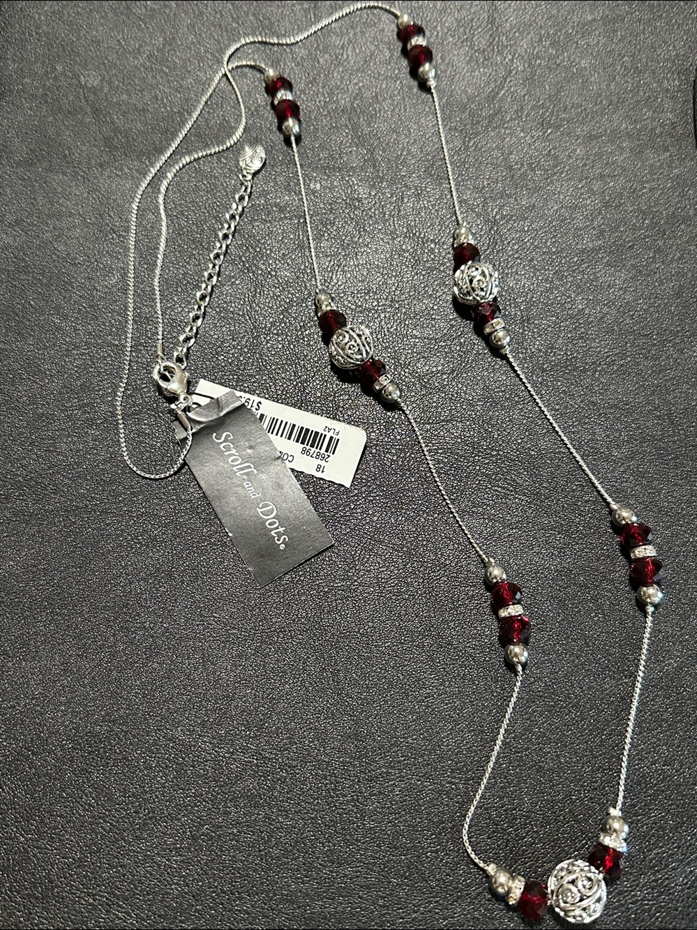 Scroll and Dots Faceted Red Crystal Silver Tone Long Necklace - Picture 5 of 13